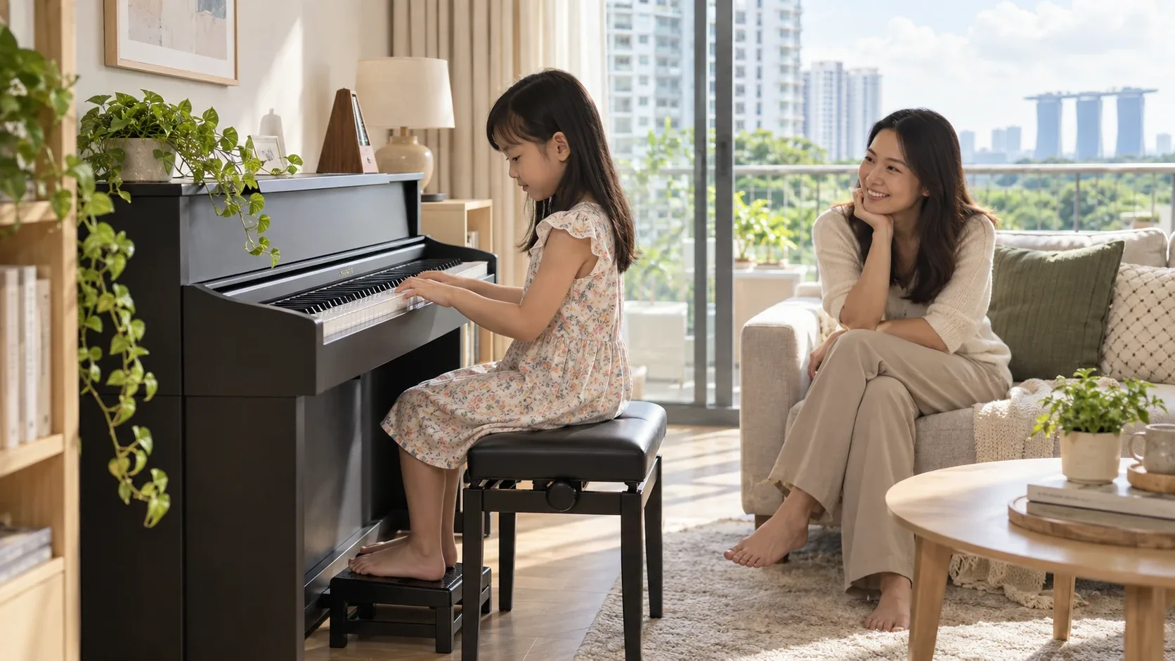 Parent and child exploring a piano before starting lessons
