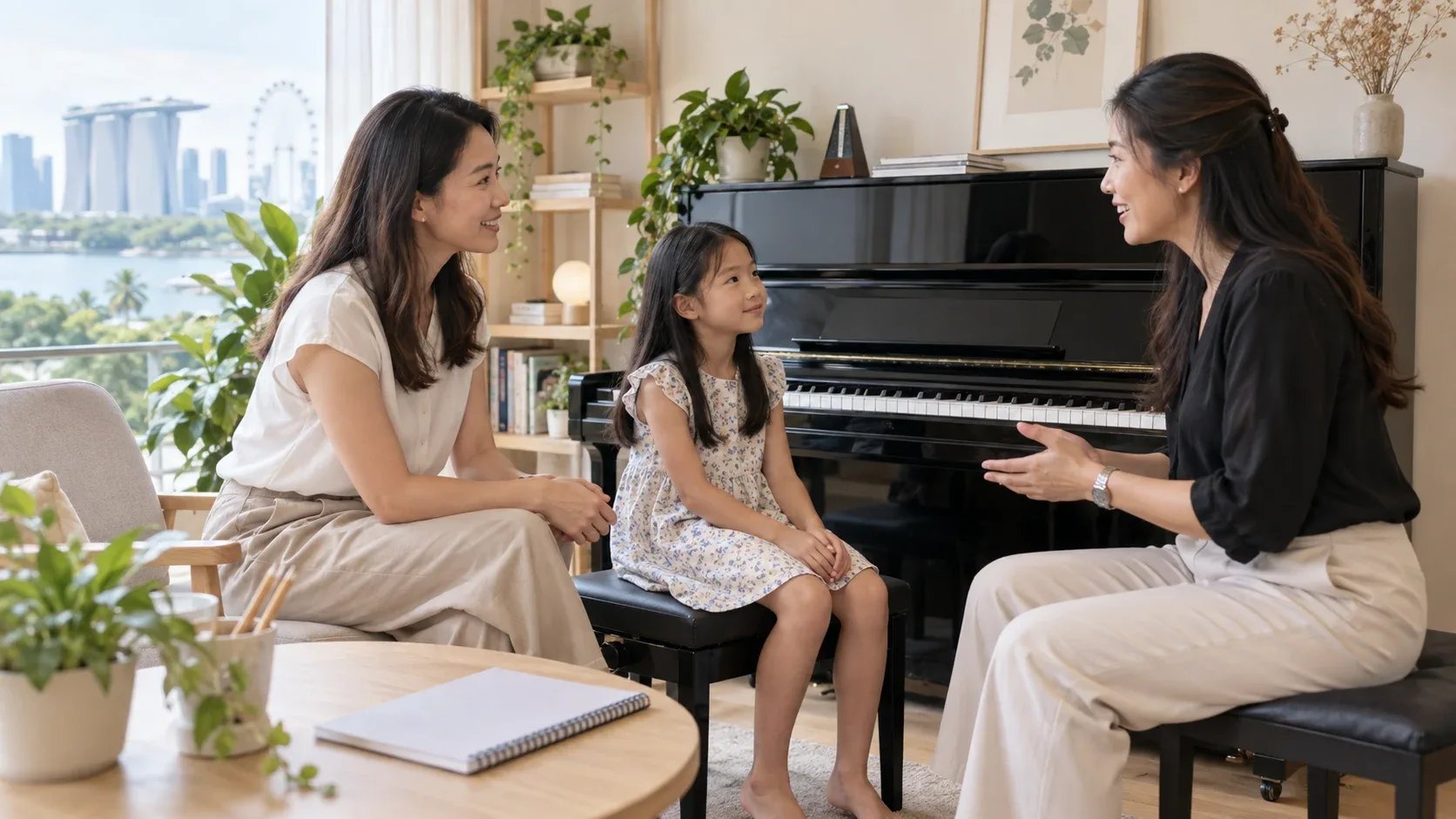 Parent and child meeting a prospective piano teacher in Singapore