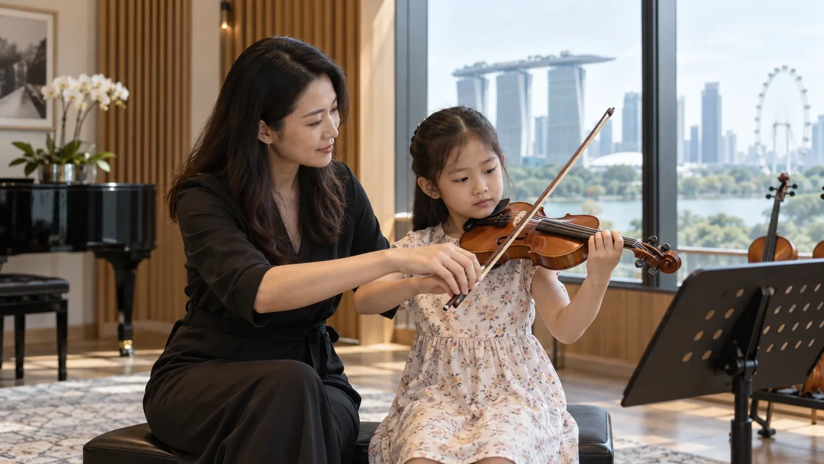 Violin teacher teaching a young student in Singapore